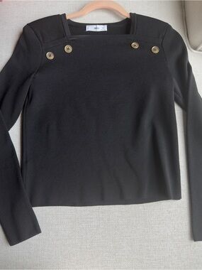 Mango Black Long-Sleeve Square Neck Top with Gold Buttons
